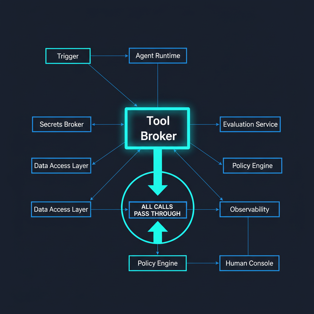 Layered diagram of an enterprise AI agent platform showing trigger, agent runtime, tool broker, policy engine, secrets broker, data access layer, evaluation service, observability and human console
