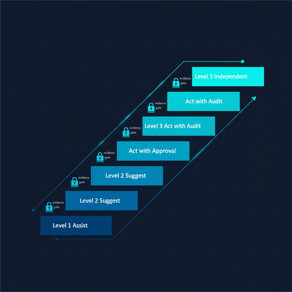 Ladder diagram showing five AI agent autonomy levels from assist to independent