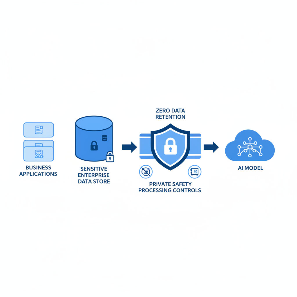 Enterprise AI privacy architecture diagram showing business applications, sensitive enterprise data, a secure AI API layer with zero data retention controls, and an AI model