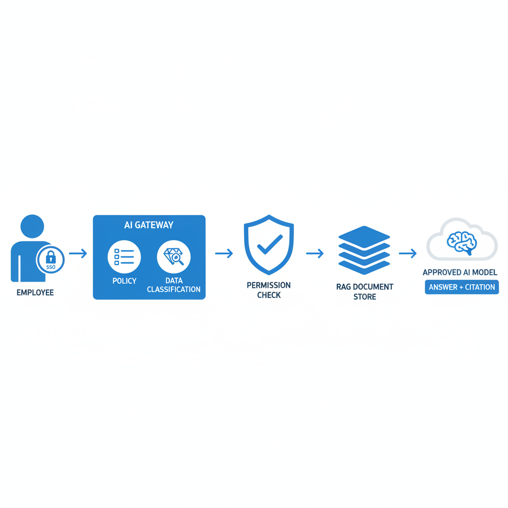 Secure enterprise AI gateway flow from employee SSO through policy checks and retrieval to an approved AI model returning a cited answer