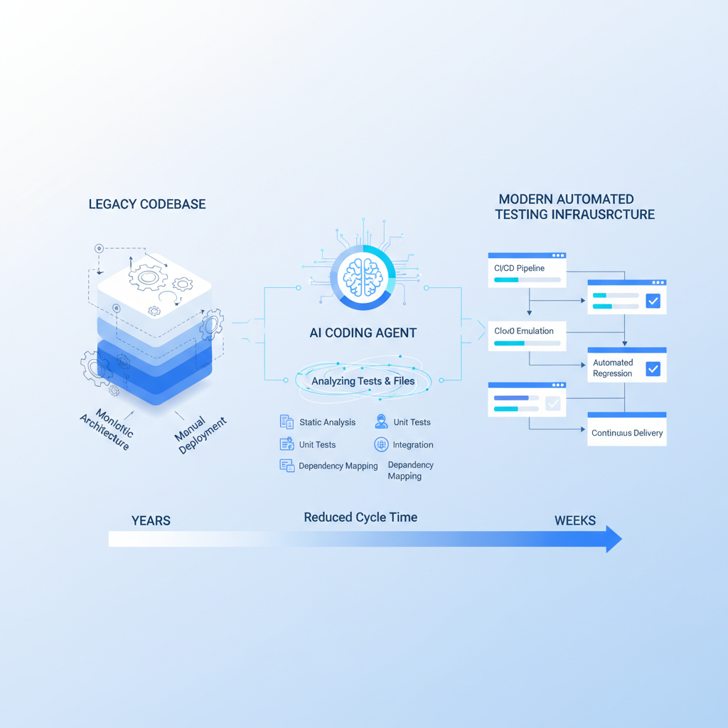 Illustration of a legacy codebase, an AI coding agent analysing tests and files, and modern automated testing infrastructure with a timeline shrinking from years to weeks