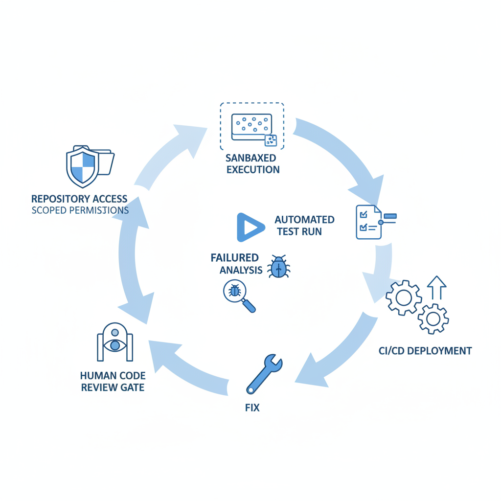 Diagram of a guarded AI coding agent loop with scoped repository permissions, sandboxed execution, automated tests, failure analysis, human code review and CI CD deployment