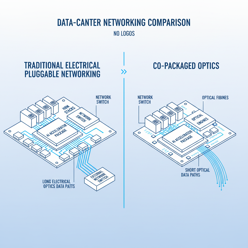 Technical comparison diagram of traditional electrical pluggable networking versus co-packaged optics showing AI accelerators, HBM memory, switch silicon and optical engines