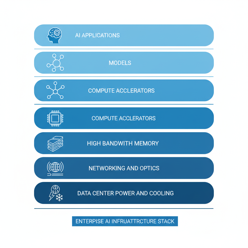 Stacked diagram of the enterprise AI infrastructure layers from AI applications and models through compute, high bandwidth memory, interconnect, networking and optics to data centre power and cooling