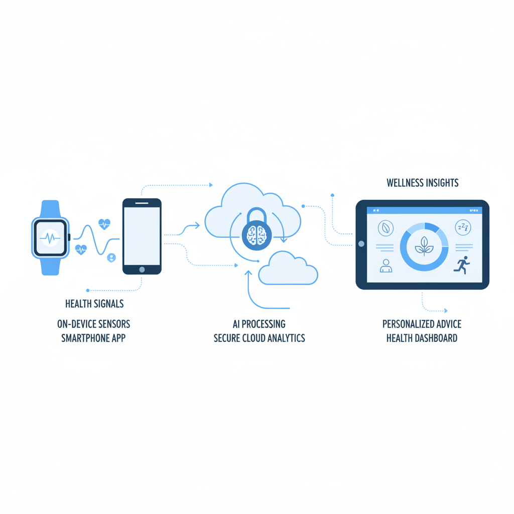 Connected health ecosystem illustration showing a smartwatch and smartphone collecting health signals, secure on-device and cloud AI processing, and a personalised wellness dashboard