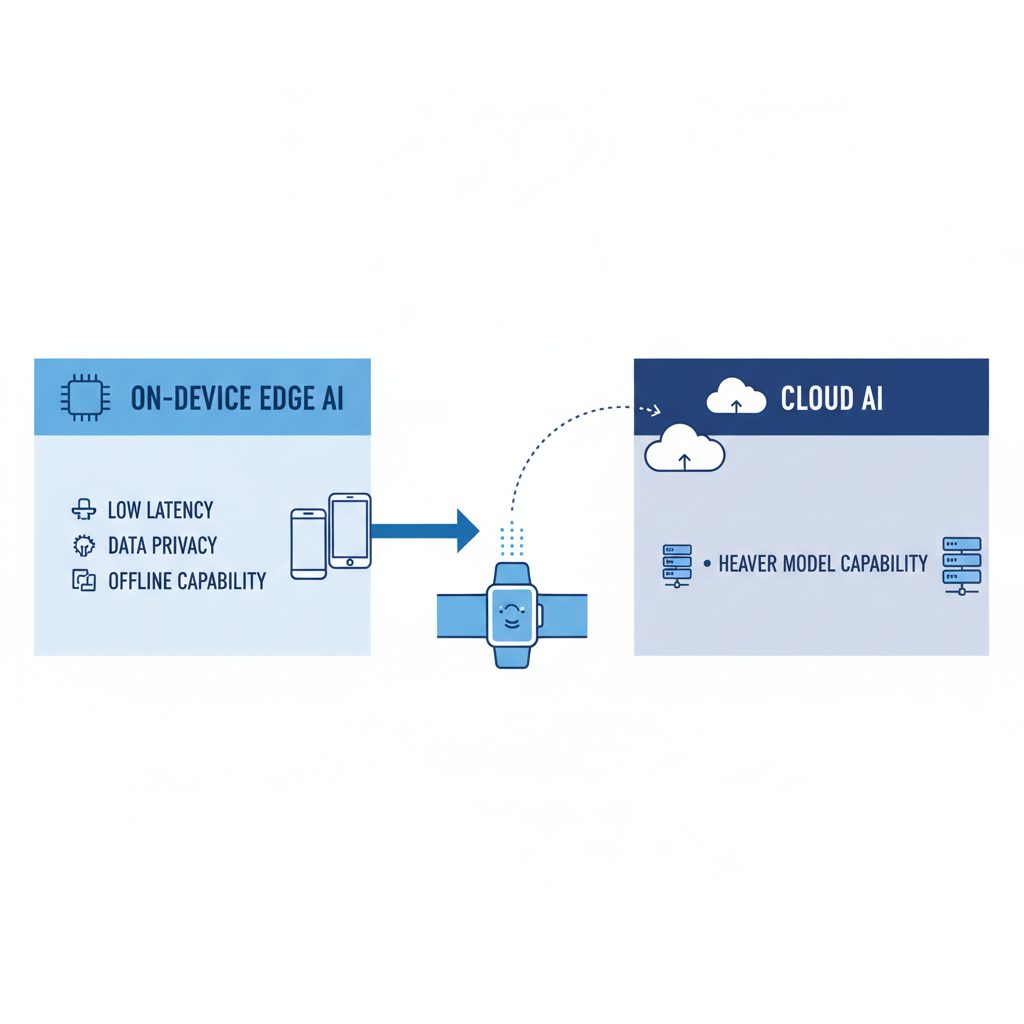 Diagram comparing on-device edge AI processing and cloud AI processing for wearable sensor data, showing latency, privacy and offline advantages at the edge and greater model capability in the cloud