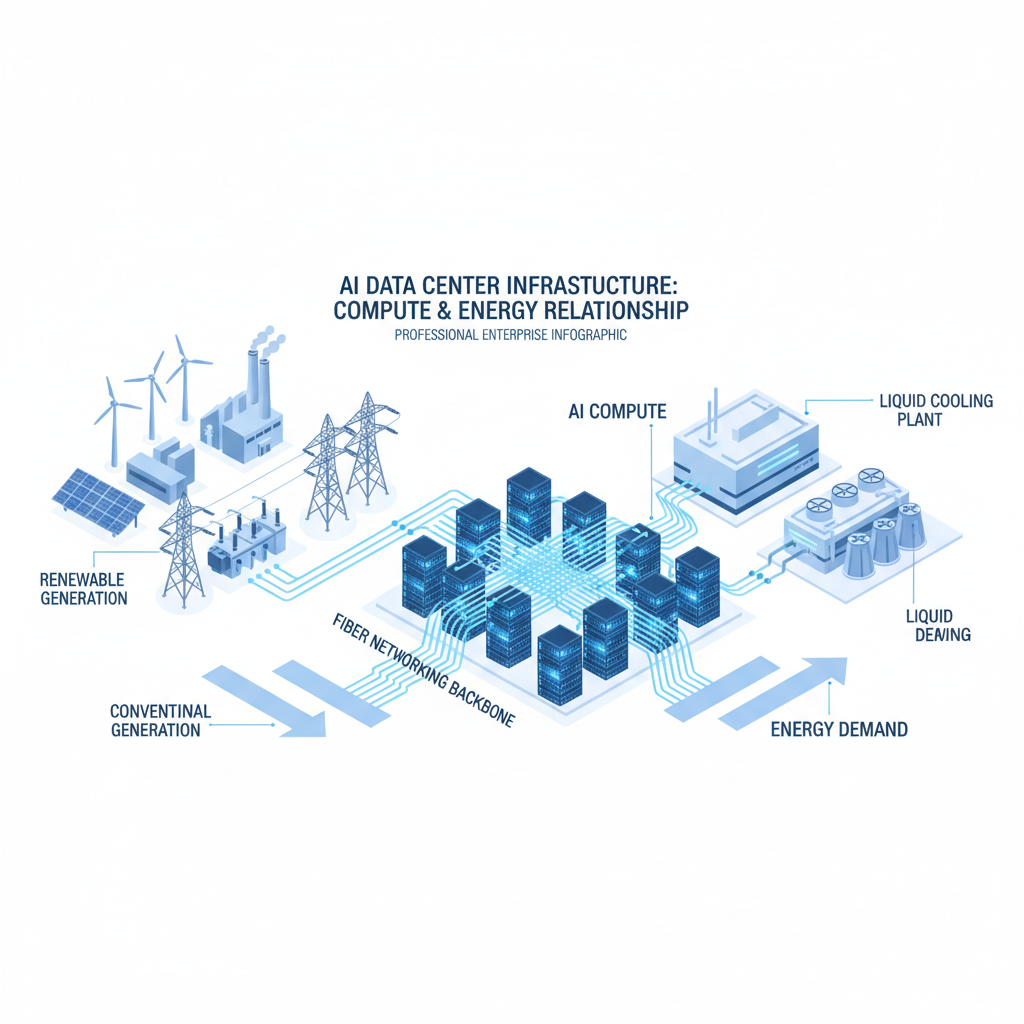 Large-scale AI data centre illustration showing server racks with accelerators connected to high-voltage power infrastructure, generation sources, cooling plant and fibre networking