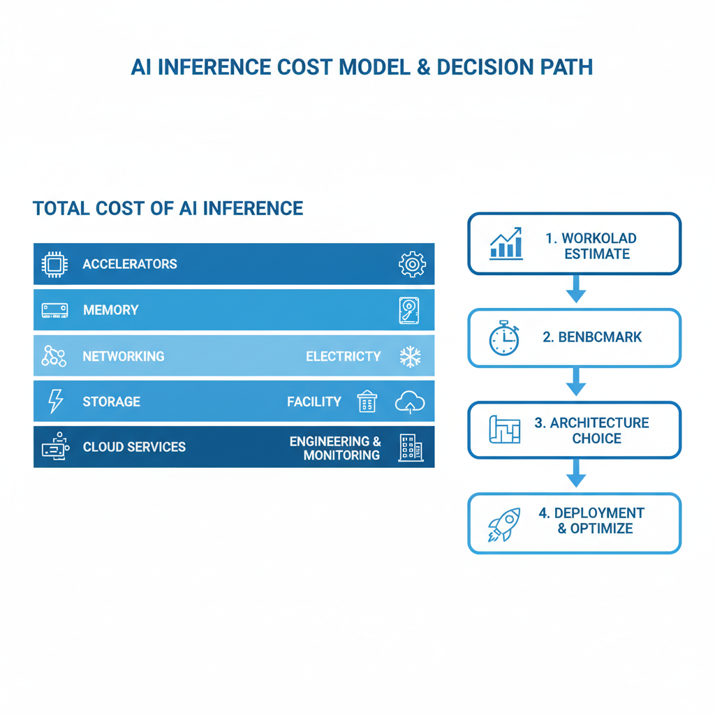Infographic breaking AI inference cost into accelerators, memory, networking, storage, electricity, cooling, facility, cloud services, engineering and monitoring, alongside a four step path from workload estimate to architecture choice