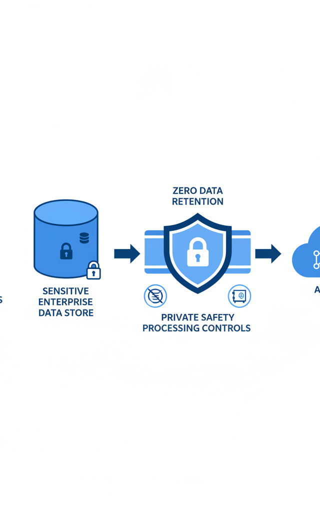 Enterprise AI privacy architecture diagram showing business applications, sensitive enterprise data, a secure AI API layer with zero data retention controls, and an AI model