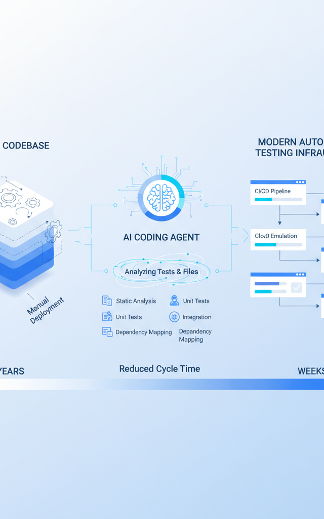 Illustration of a legacy codebase, an AI coding agent analysing tests and files, and modern automated testing infrastructure with a timeline shrinking from years to weeks