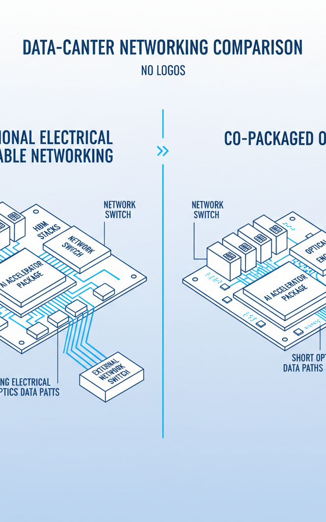 Technical comparison diagram of traditional electrical pluggable networking versus co-packaged optics showing AI accelerators, HBM memory, switch silicon and optical engines