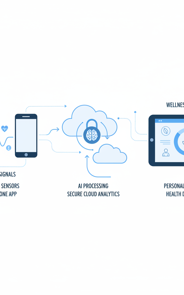 Connected health ecosystem illustration showing a smartwatch and smartphone collecting health signals, secure on-device and cloud AI processing, and a personalised wellness dashboard