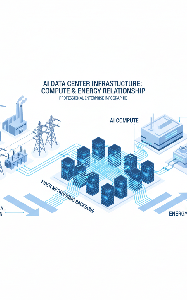 Large-scale AI data centre illustration showing server racks with accelerators connected to high-voltage power infrastructure, generation sources, cooling plant and fibre networking